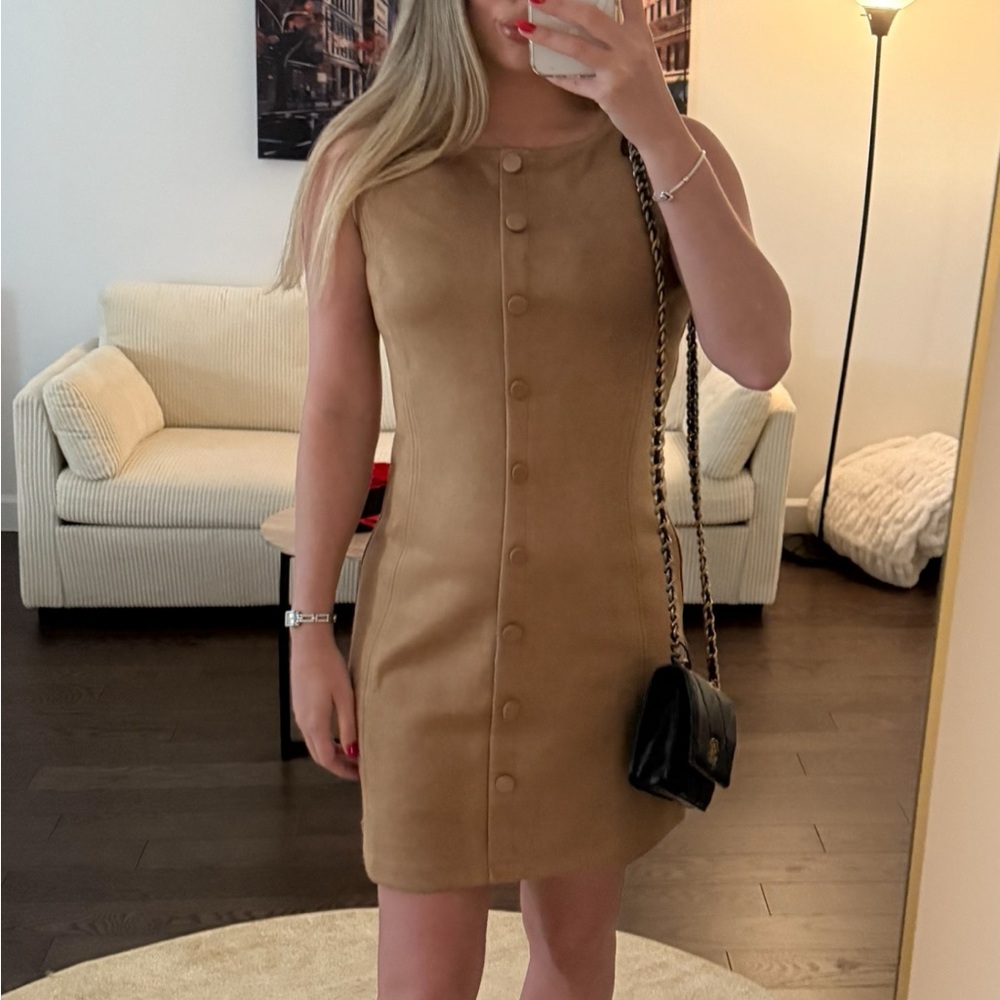 Ann Taylor Beige Button-Front Faux Suede Dress